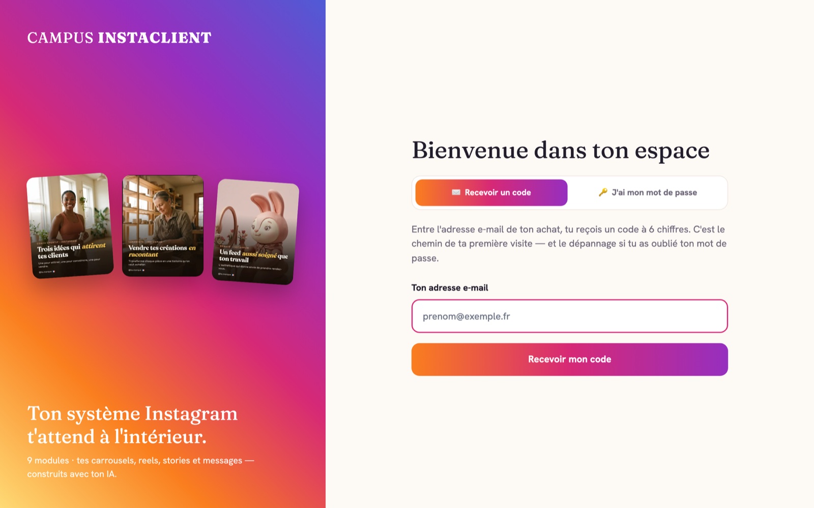 La page de connexion de ton espace INSTACLIENT Campus : à gauche l'aperçu de tes modules, à droite l'entrée par code reçu en e-mail, capture réelle de la plateforme