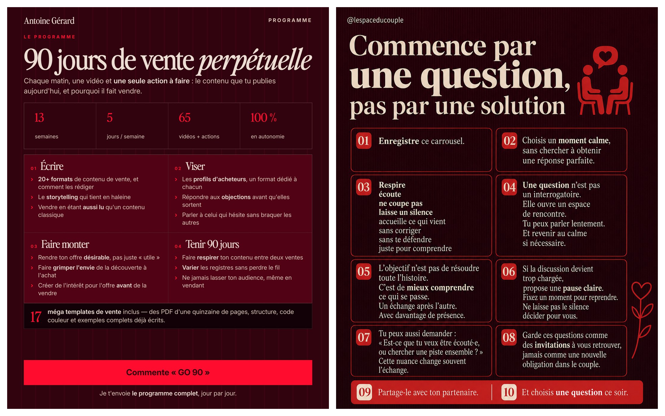 Slide 10 — Thérapie de couple. Ici les 10 questions à poser à son sa partenaire pour remettre du lien