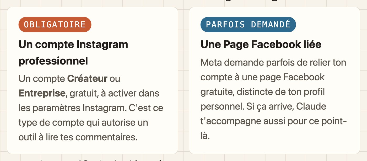 Les deux prérequis de la notice : un compte Instagram professionnel obligatoire, et une Page Facebook liée parfois demandée