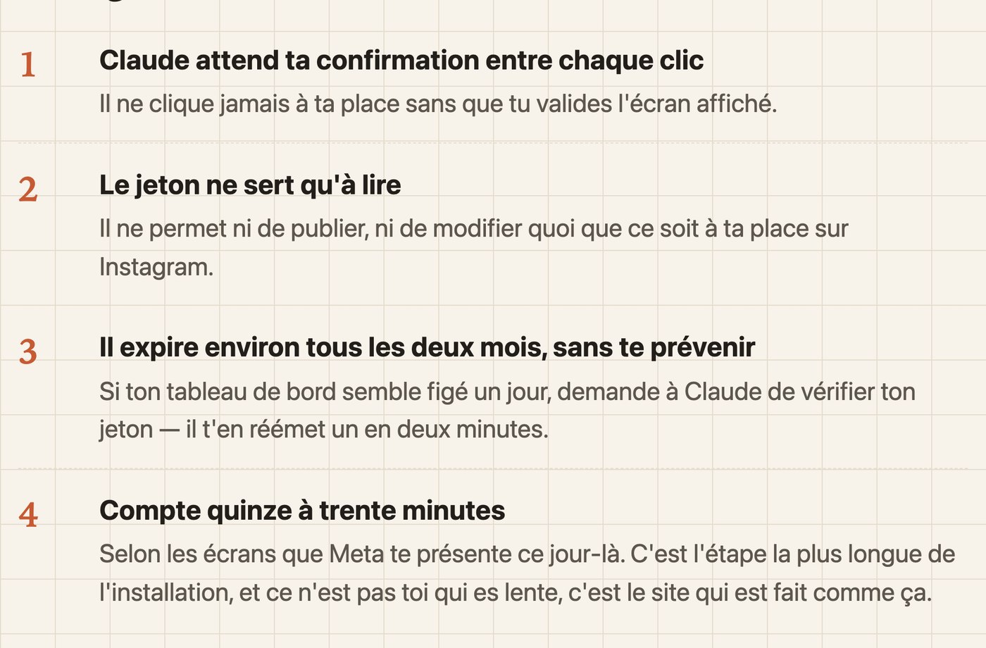 Les quatre garde-fous de la notice : confirmation entre chaque clic, un jeton qui ne sert qu'à lire, son expiration environ tous les deux mois, et les quinze à trente minutes à prévoir