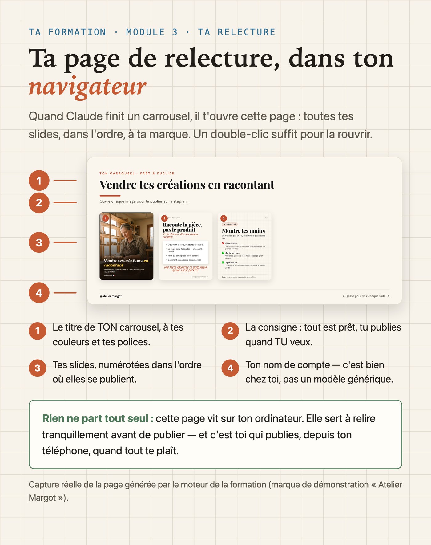 Ta page de relecture dans ton navigateur : toutes les images du carrousel dans l'ordre, à ta marque, capture réelle de mon moteur