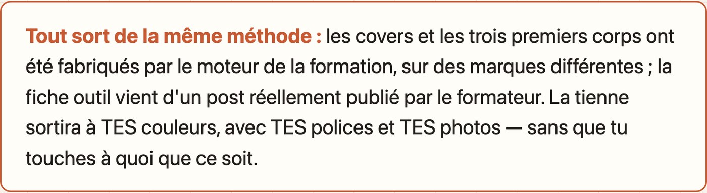 Tout sort de la même méthode : la note qui explique que chaque style se décline à TES couleurs, TES polices et TES photos