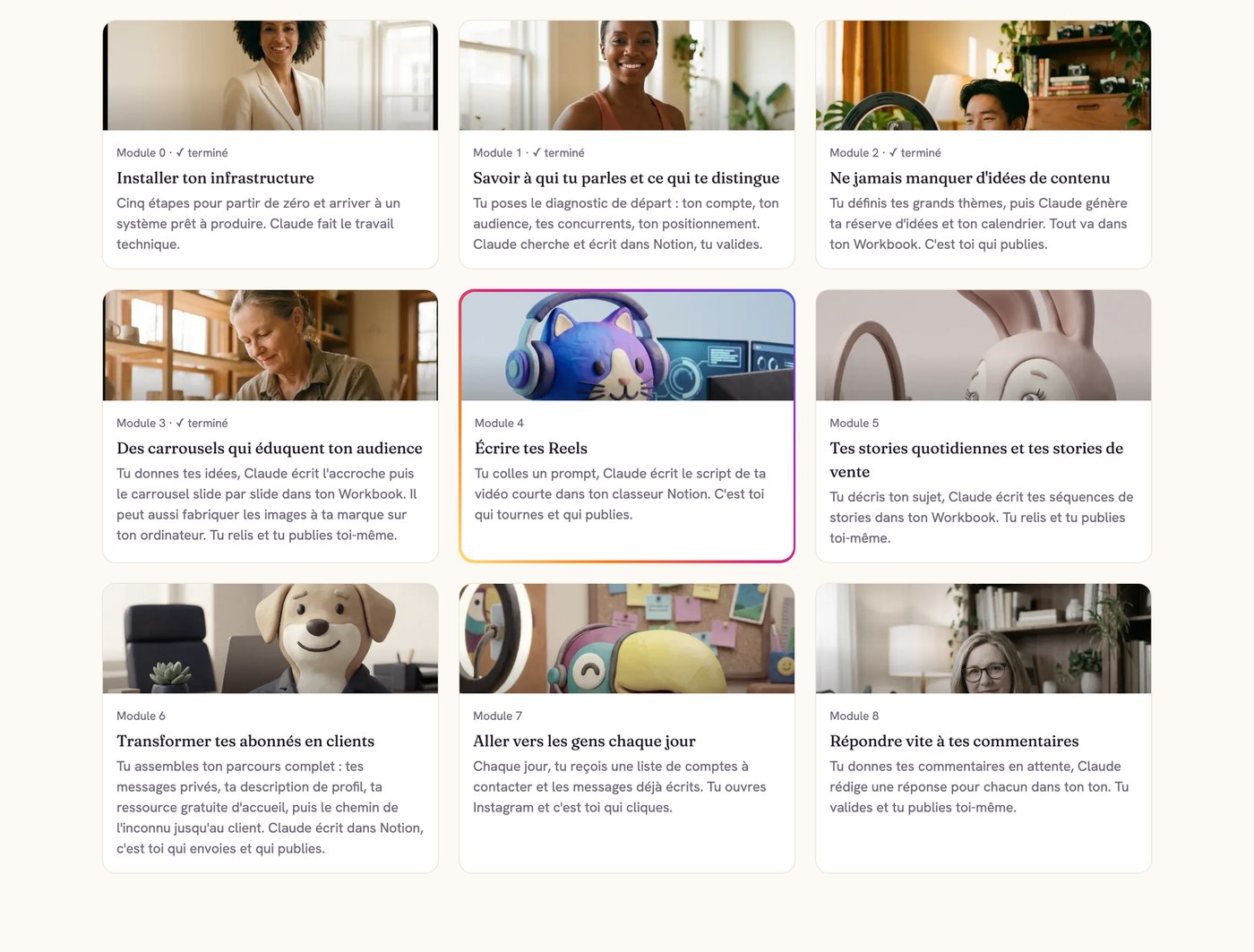 La grille réelle des neuf modules dans ton espace de formation, avec les couvertures et les états terminés, capture d'un compte de démonstration