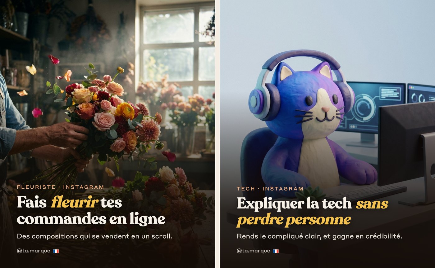Deux couvertures générées par le système, en grand : une fleuriste et une créatrice tech, chacune avec ses couleurs et ses polices