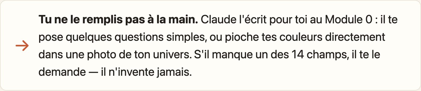Tu ne le remplis pas à la main : Claude l'écrit pour toi au module 0, en te posant quelques questions simples