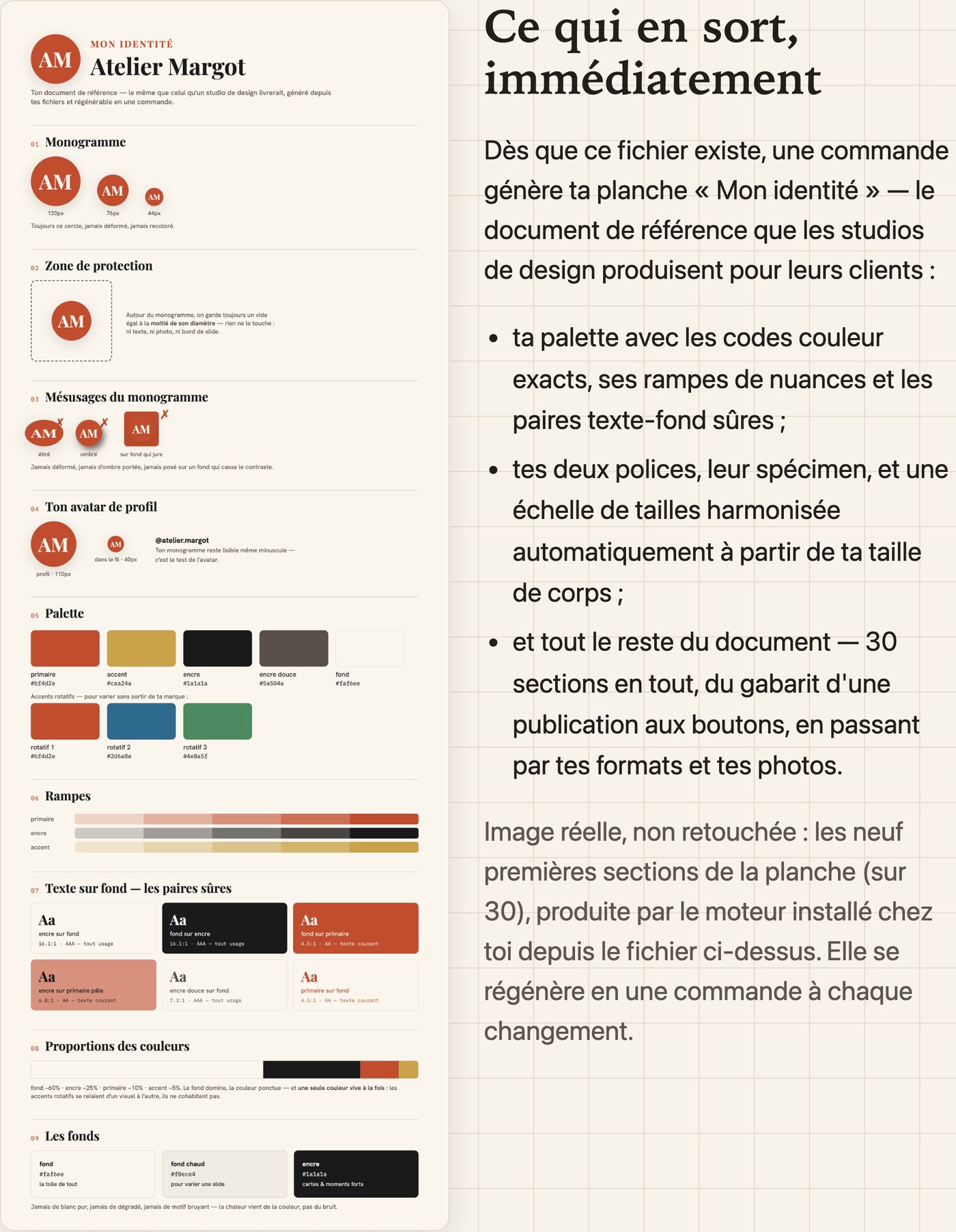 Ce qui en sort immédiatement : ta planche d'identité complète, générée en une commande depuis ce fichier