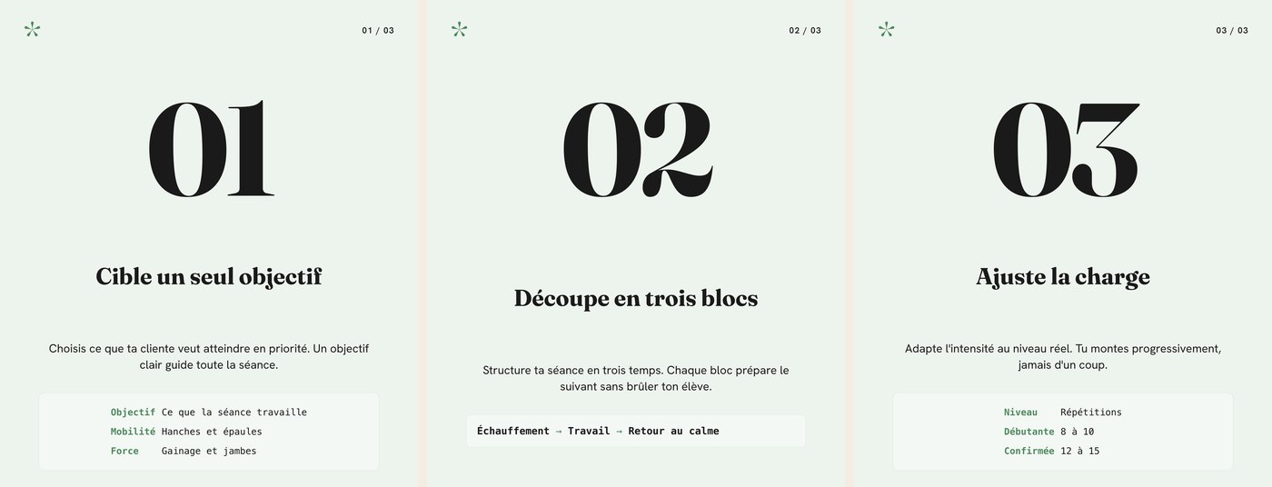 Trois images d'un carrousel de conseils numérotés en vert sauge : les grands numéros, le conseil, et son petit tableau de détails, sortis du même moteur dans un autre coloris