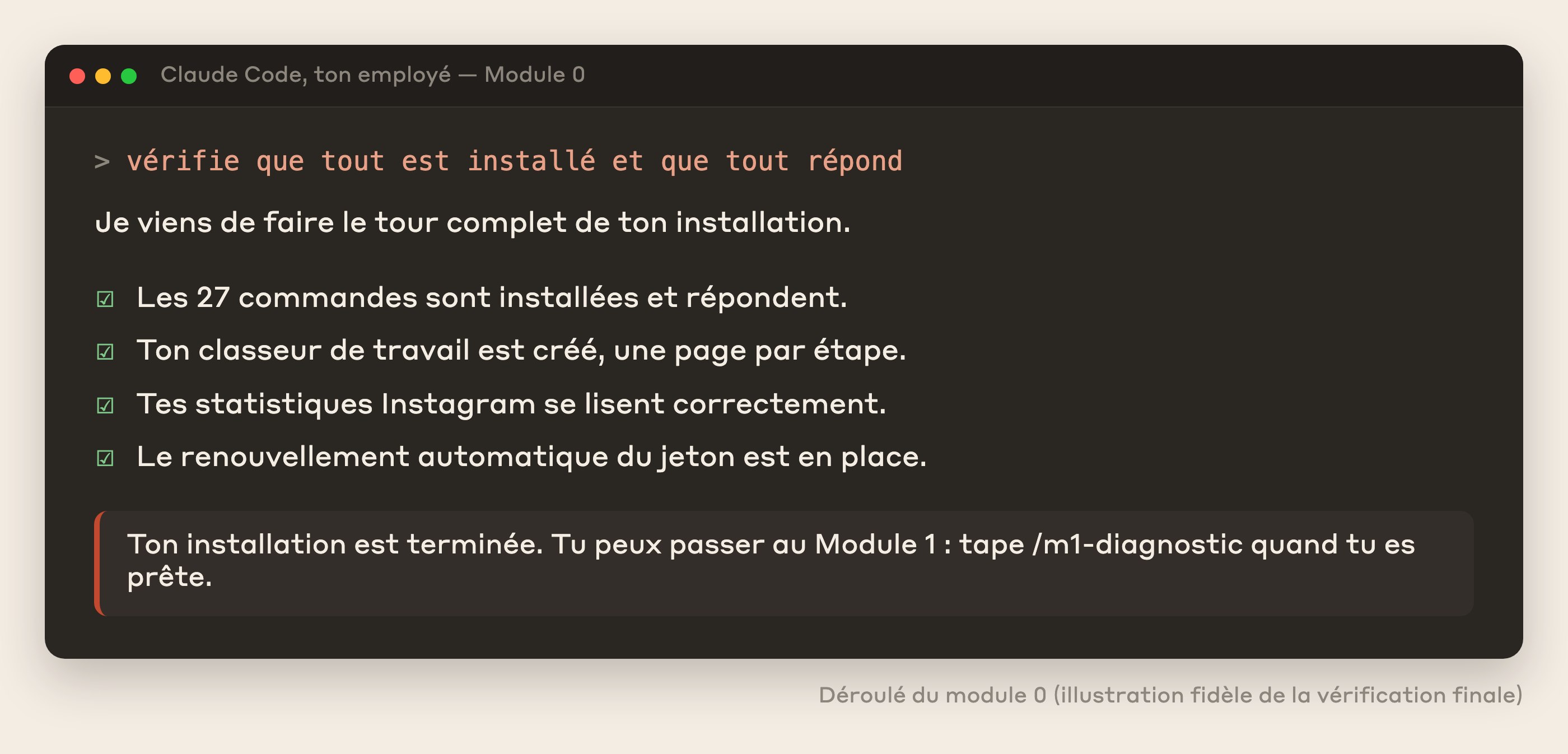 La vérification finale du module 0 dans Claude Code : les quatre points de contrôle cochés, et l'invitation à passer au module 1