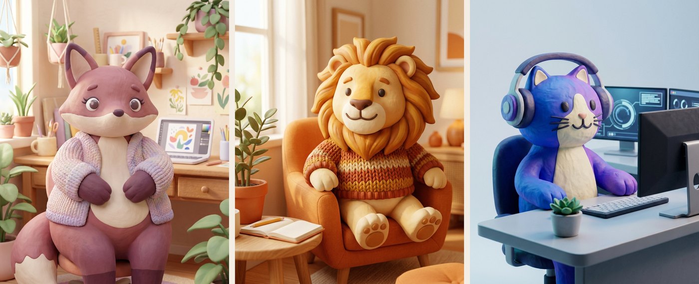 Trois mascottes en grand : une renarde dans son atelier créatif, un lion en pull dans son salon, un chat au casque devant ses écrans
