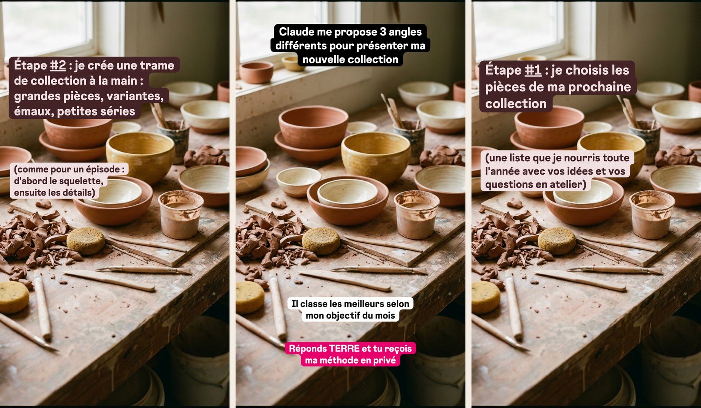 Trois stories générées à partir des templates de la bibliothèque, en grand : la photo, les blocs de texte et l'appel à répondre, chacune dans un style différent