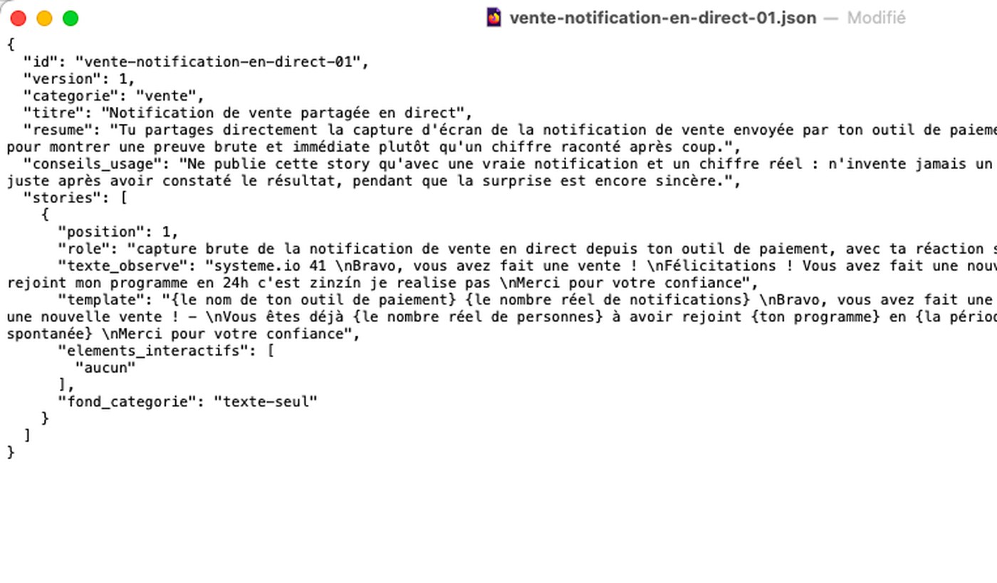 Le vrai fichier d'un template de story, ouvert dans une vraie fenêtre : la structure, le texte observé, et les variables entre accolades que ton agence remplit