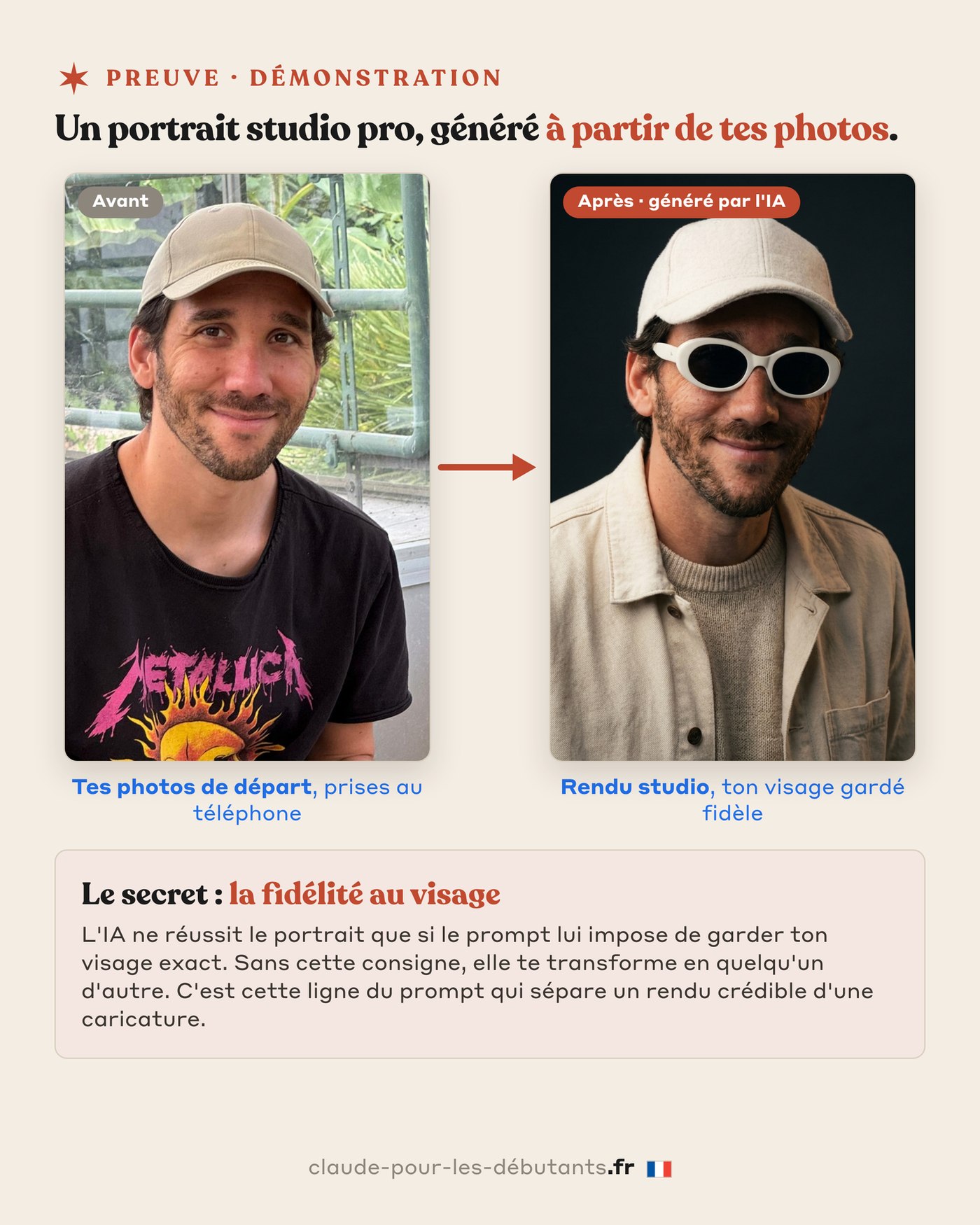 Le portrait en contexte : à gauche la vraie photo de départ prise au téléphone, à droite le portrait studio généré par l'IA, avec le visage gardé fidèle
