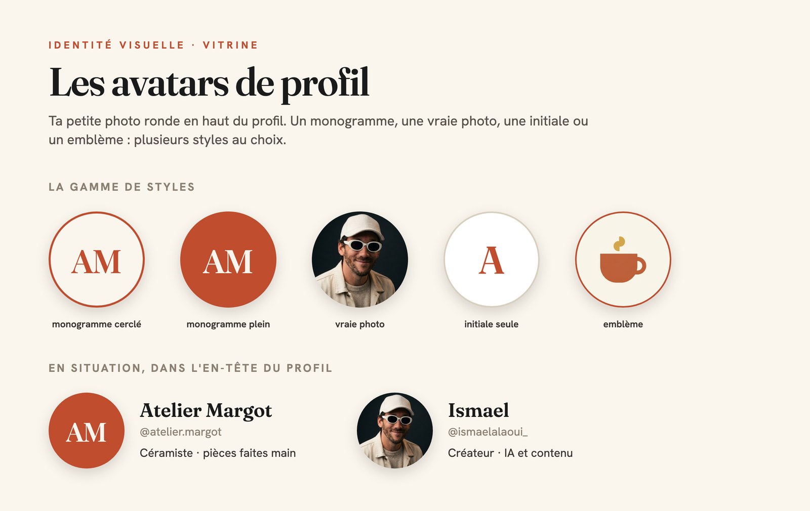 Plusieurs styles d'avatar de profil, dont une vraie photo et un monogramme, montrés dans l'en-tête d'un profil