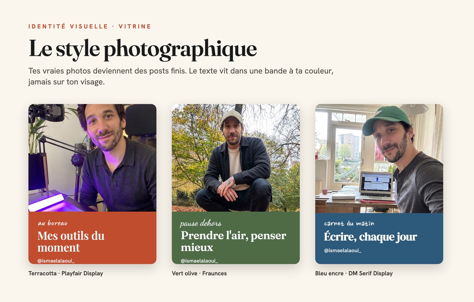 Trois vraies photos transformées en posts finis, le texte posé dans une bande de couleur sous la photo