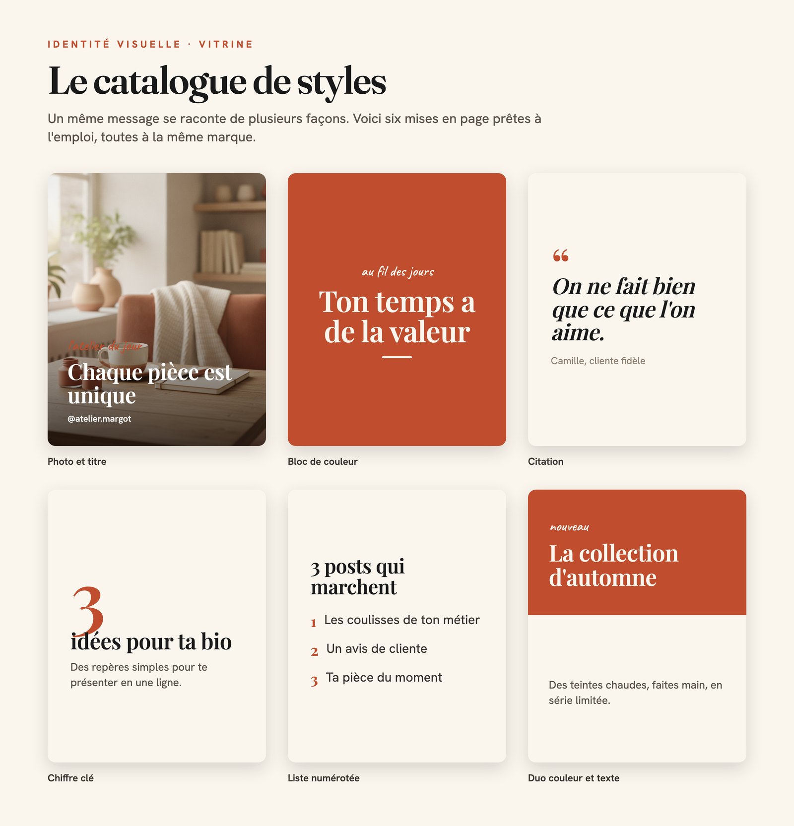 Six mises en page de post prêtes à l'emploi : photo et titre, bloc de couleur, citation, chiffre clé, liste et duo