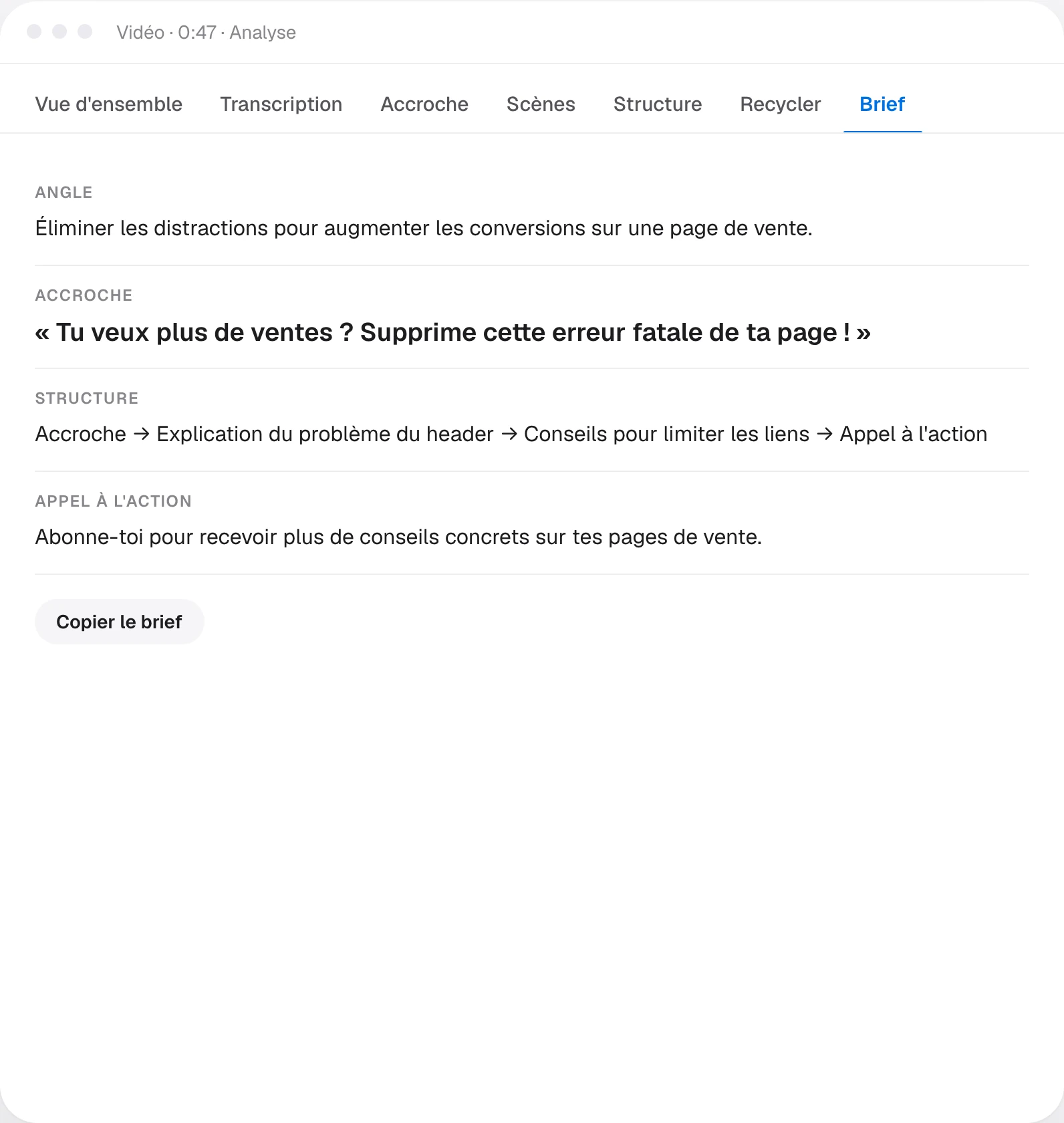 L'onglet « Brief » de l'Analyseur dans le Studio