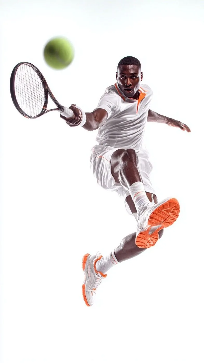 Joueur de tennis en plein saut, raquette levée, fond blanc