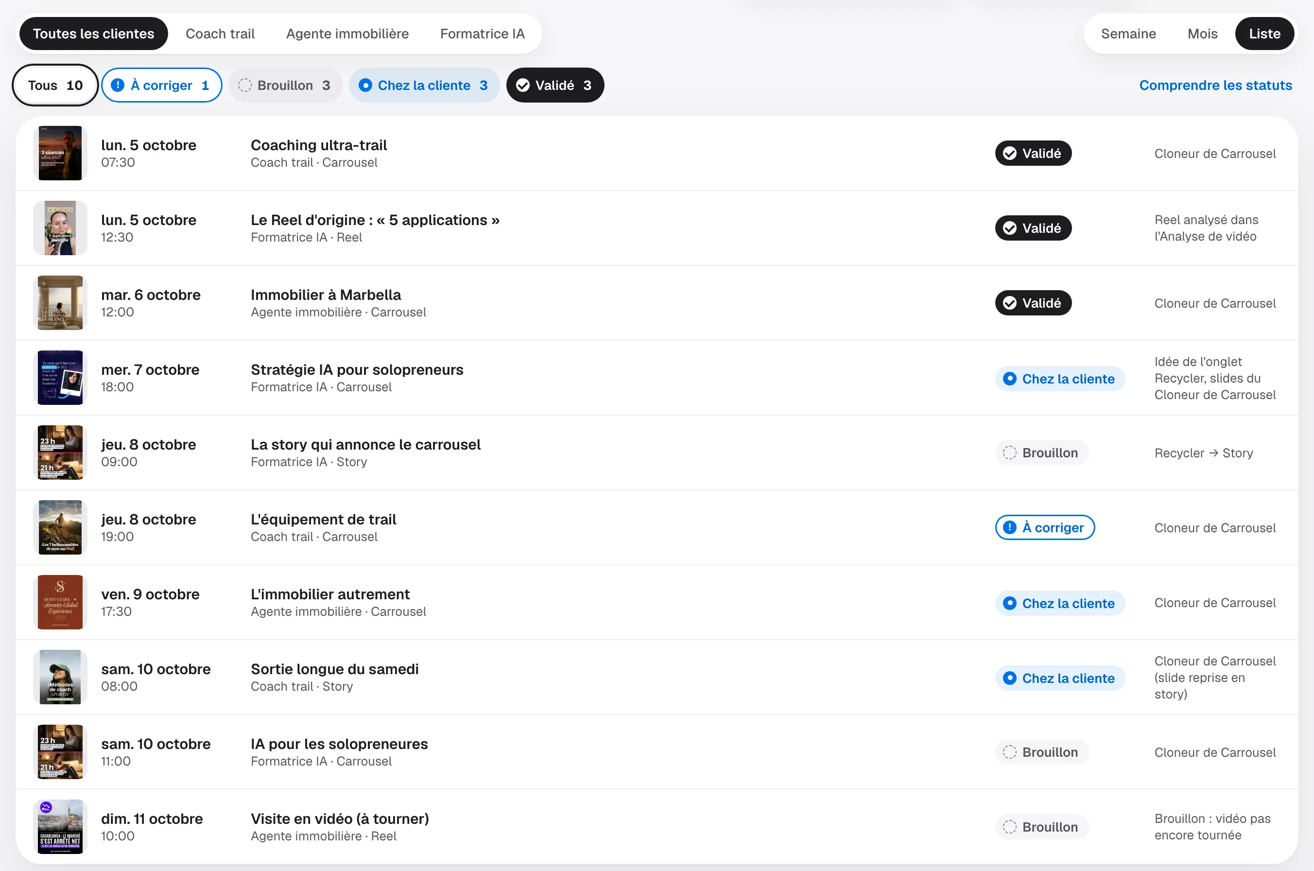 Vue Liste du Calendrier : dix posts dans l'ordre, avec date, titre, cliente, format, statut et provenance