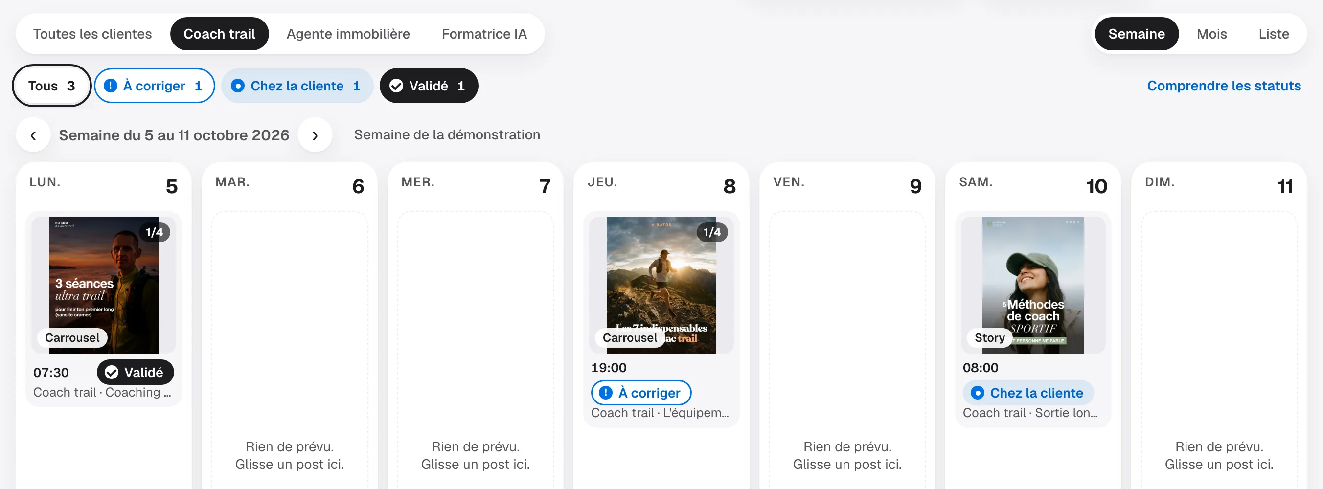 La semaine filtrée sur une seule cliente, Coach trail : trois posts avec leur statut