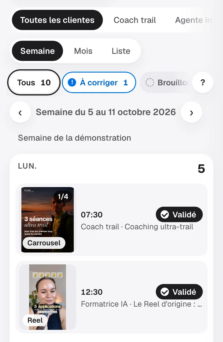 Le Calendrier sur un téléphone : la semaine se lit jour par jour, en colonne