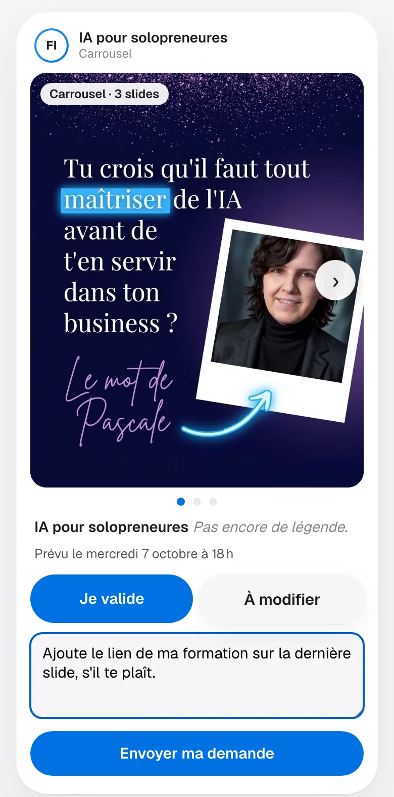 La cliente a choisi À modifier et écrit ce qu'il faut changer avant d'envoyer sa demande