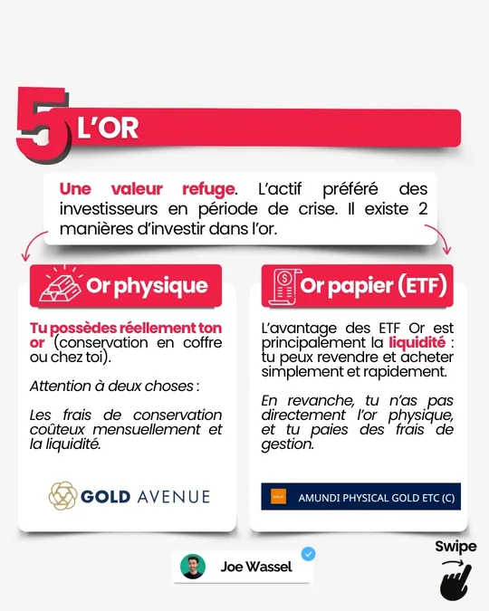 L'original&nbsp;: une fiche numérotée 5, «&nbsp;L'or&nbsp;», deux colonnes&nbsp;: or physique et or papier