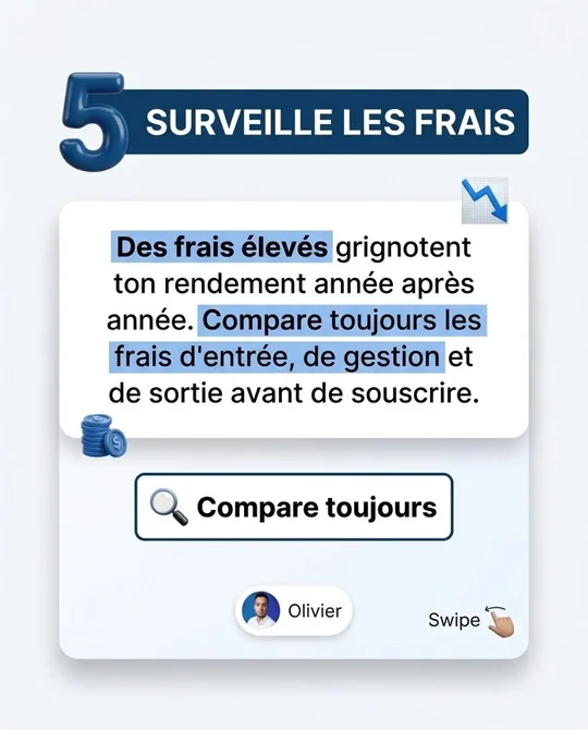 Sa version&nbsp;: une fiche numérotée 5, «&nbsp;Surveille les frais&nbsp;», un texte surligné en bleu et un encadré «&nbsp;Compare toujours&nbsp;»