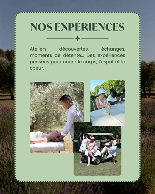 L'original&nbsp;: une carte verte encadrée, «&nbsp;Nos expériences&nbsp;», au-dessus d'un assemblage de photos d'ateliers