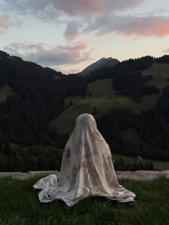 L'original&nbsp;: une silhouette sous un drap, de dos, face à une vallée au crépuscule