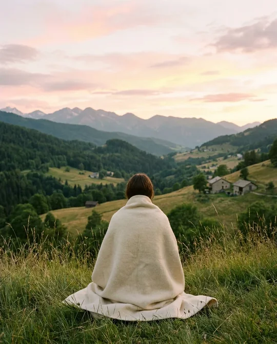Sa version&nbsp;: une personne de dos dans une couverture de laine, face à la vallée au coucher du soleil