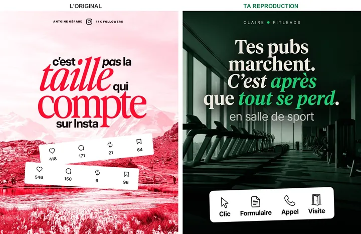 L'original admiré à gauche, sa reproduction à droite, sur le sujet « acquisition de clients pour salles de sport »