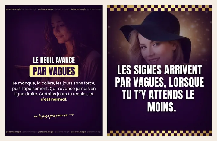 L'original admiré à gauche, sa reproduction à droite, sur le sujet « médiumnité, signes de l'au-delà »