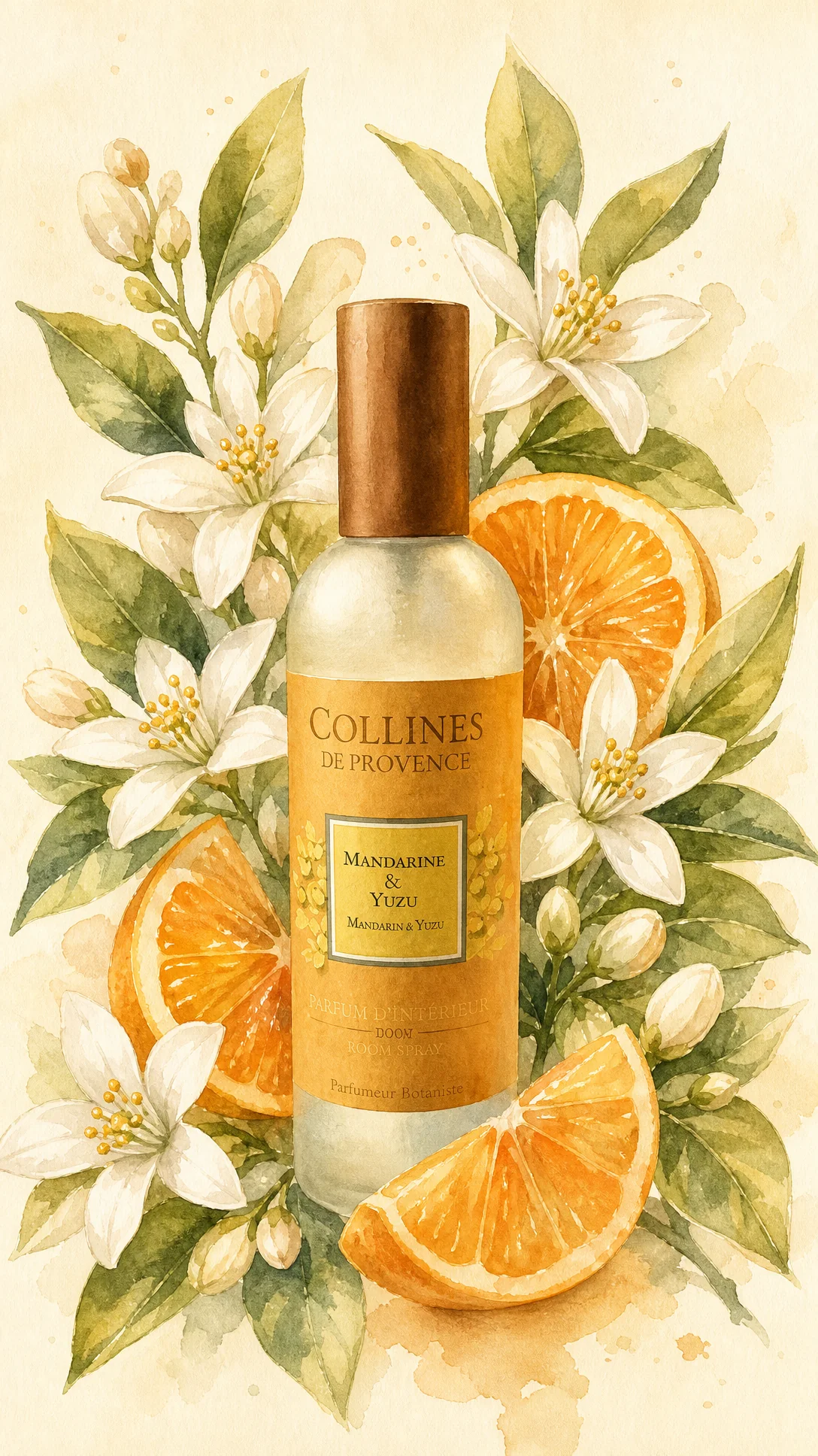 Illustration à l'aquarelle : le même flacon de parfum d'intérieur Mandarine et Yuzu, entouré de fleurs d'oranger et de tranches d'agrume, sur fond crème