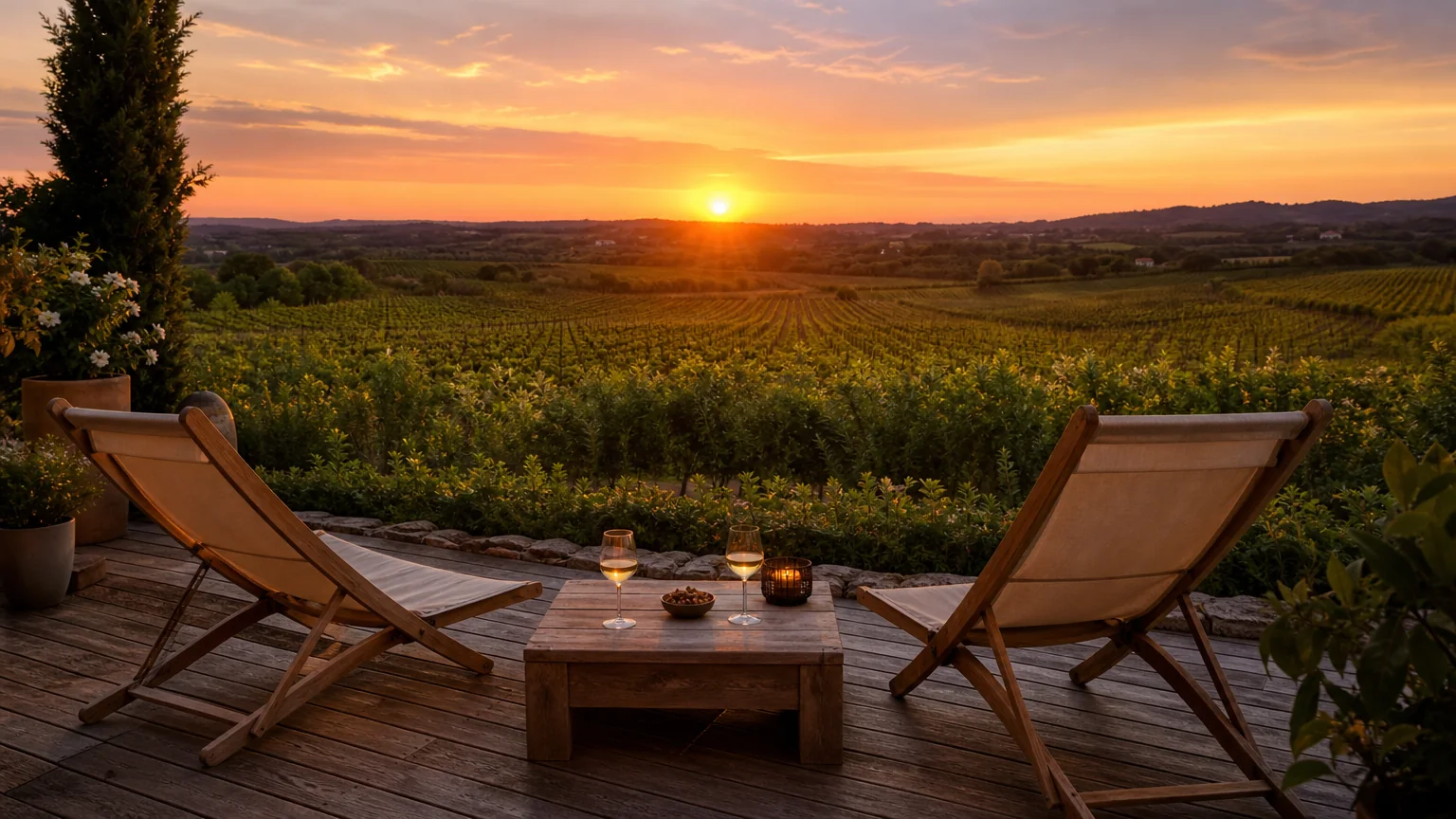 Une terrasse en bois avec deux transats et une table basse face aux vignes, au coucher du soleil