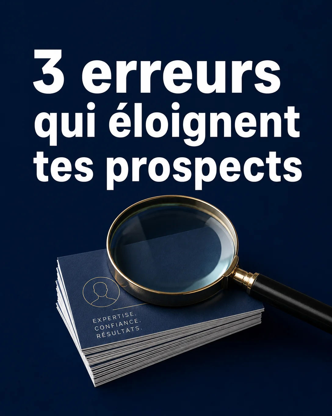 Slide de carrousel sur fond bleu nuit : une loupe dorée sur une pile de cartes de visite, et le titre « 3 erreurs qui éloignent tes prospects » en grandes lettres blanches