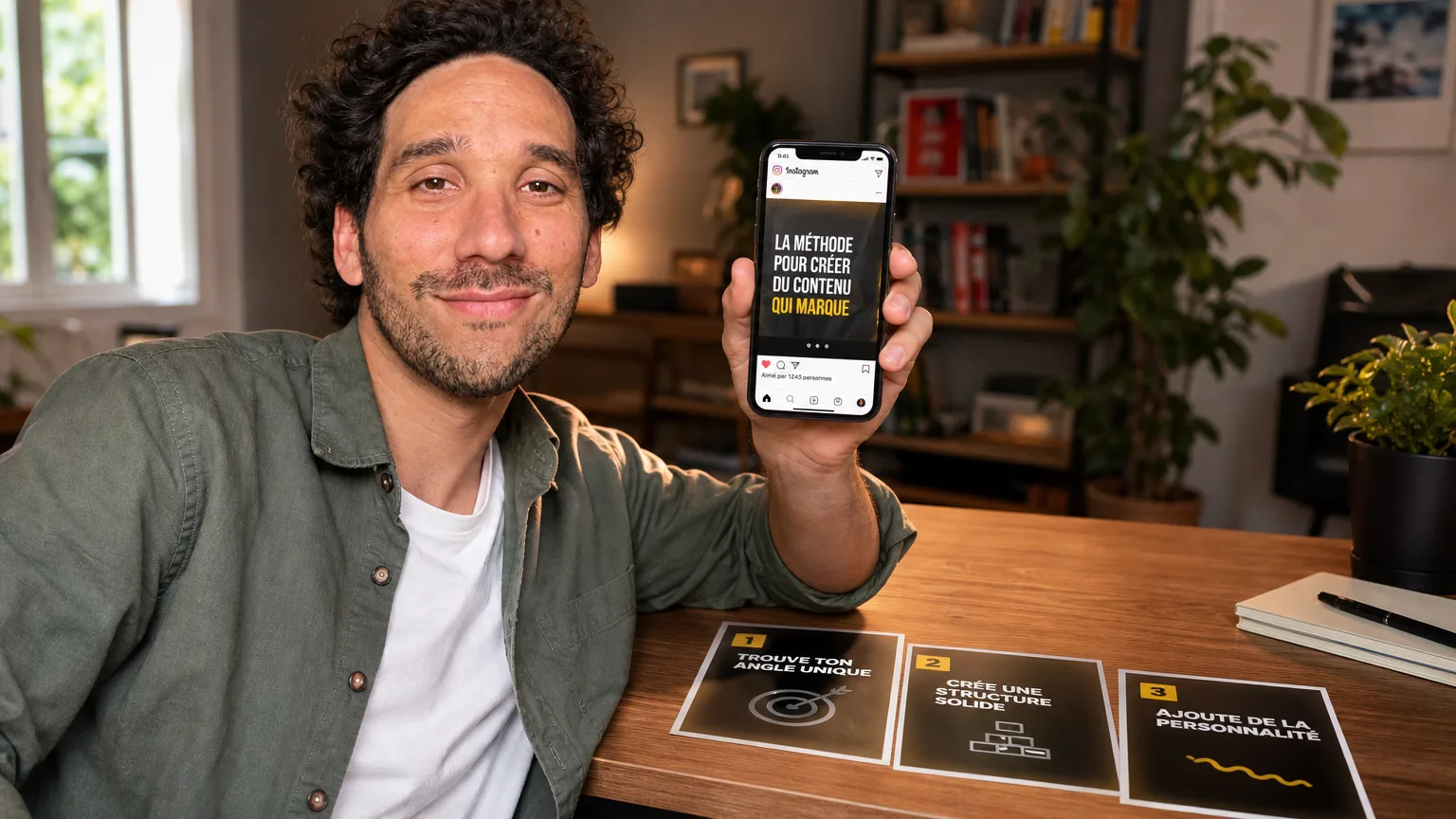 Le Cloneur de Carrousel : Ismael tient un téléphone ouvert sur un carrousel refait à sa marque
