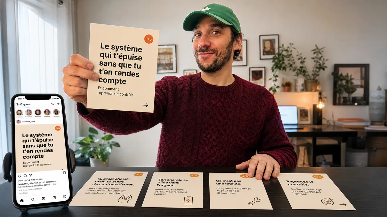 Ismael tient une slide imprimée, le même carrousel est sur son téléphone et étalé sur la table