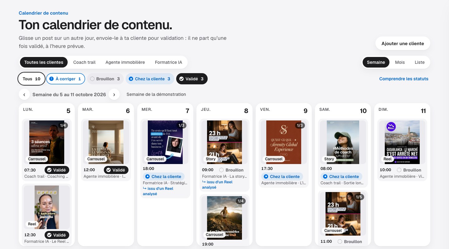 Le Calendrier du Studio : une semaine de posts de trois clientes, chacun avec son heure et son statut (Validé, Chez la cliente, Brouillon)