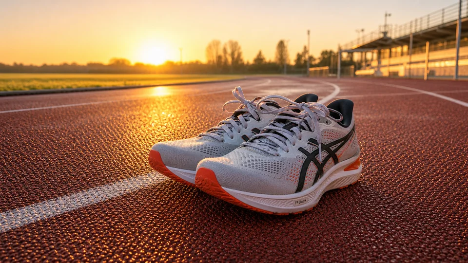 Miniature YouTube 16:9 recomposée par l'IA d'images : les chaussures sur la piste, la scène réarrangée au format