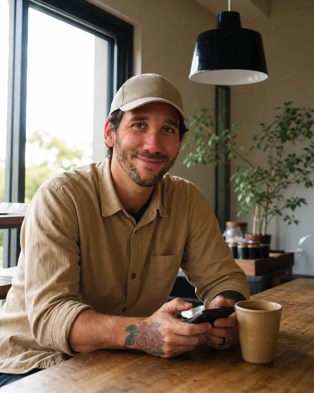 Le shooting&nbsp;: Ismael assis à la table d'un café, surchemise kaki, une tasse à côté