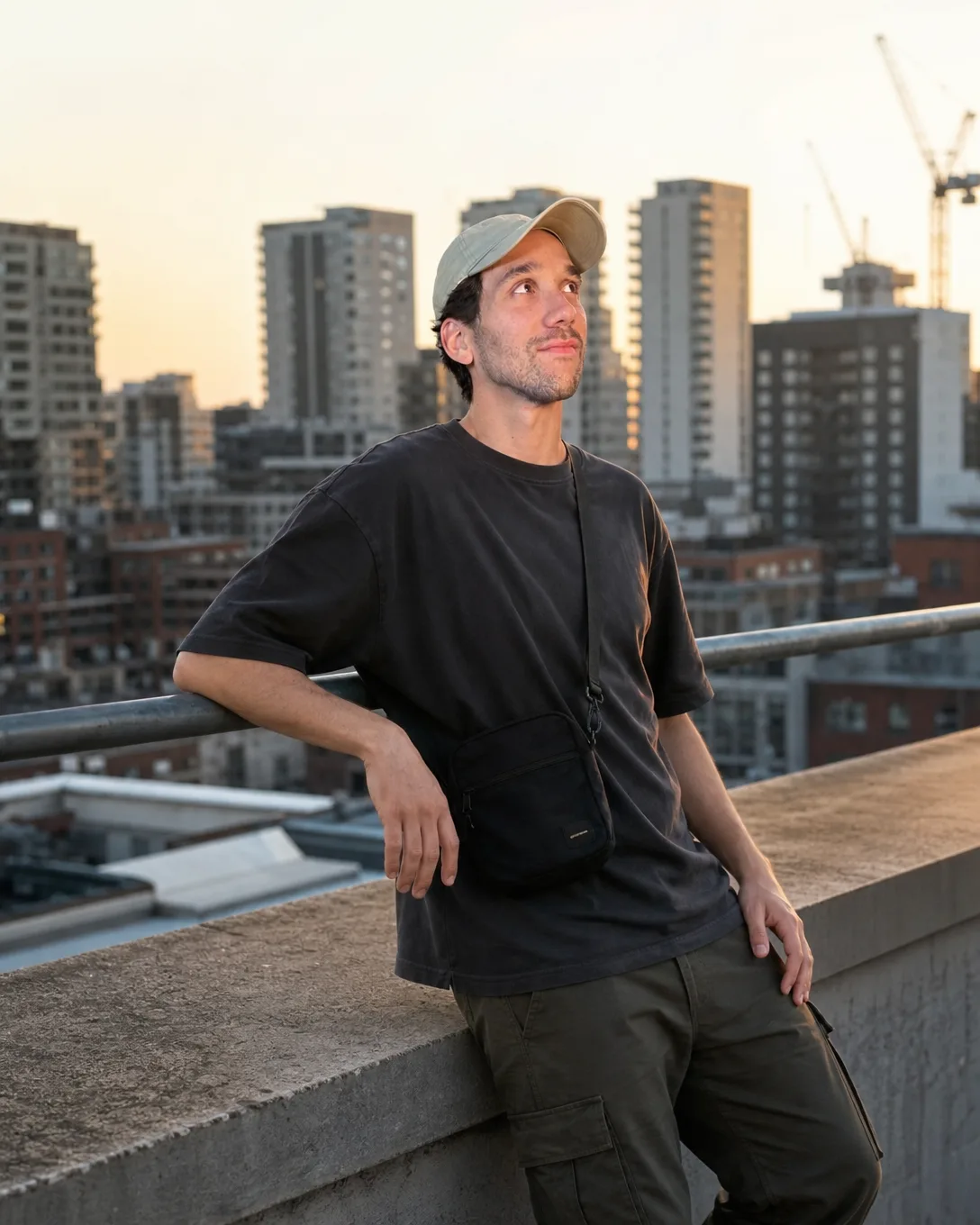 Ismael adossé à la rambarde d'un toit en ville, t-shirt noir, pantalon cargo, sacoche, casquette claire, au coucher du soleil