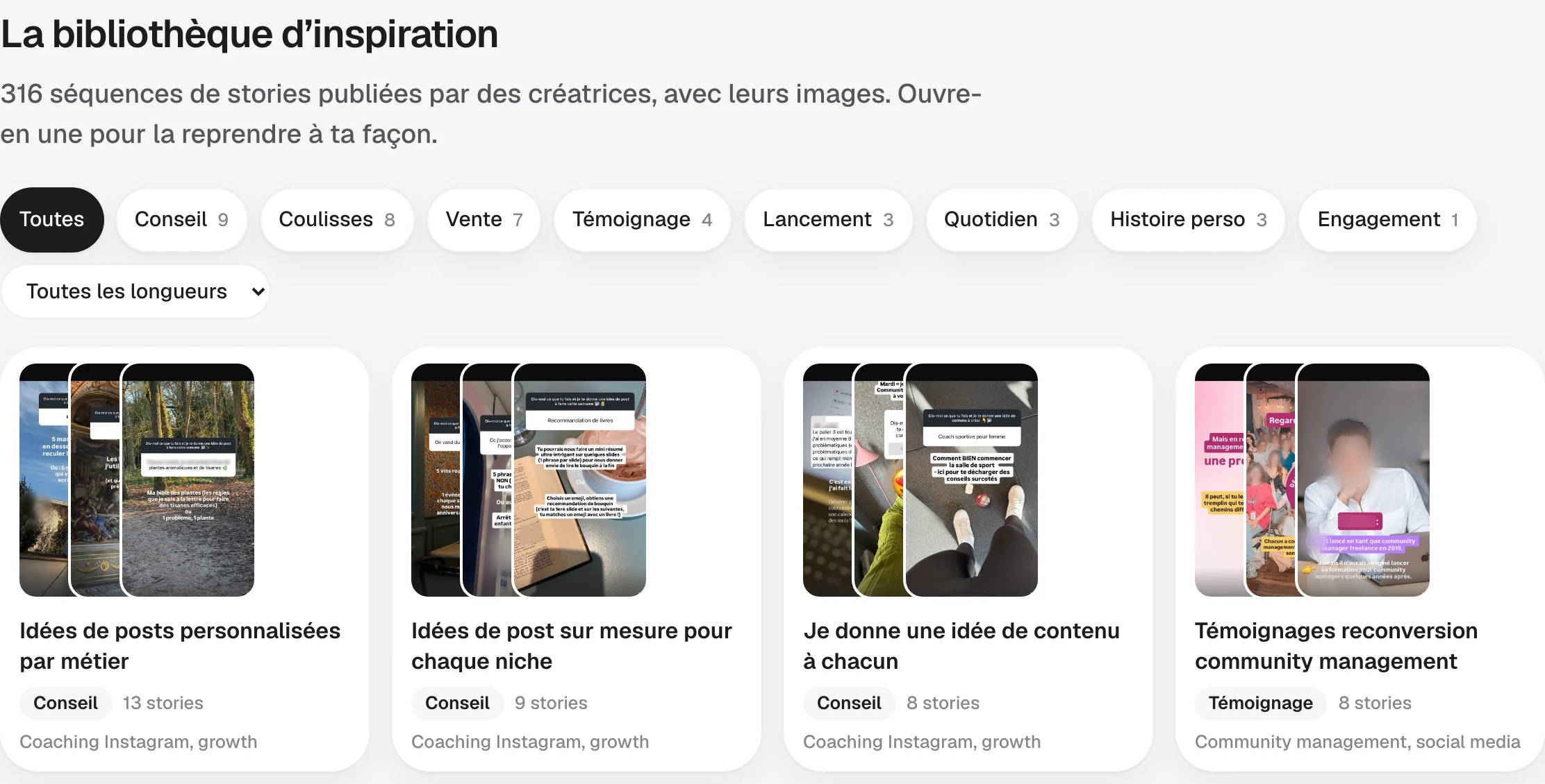 La bibliothèque d'inspiration du Studio : 316 séquences, des filtres par catégorie (Conseil, Coulisses, Vente, Témoignage, Lancement, Quotidien, Histoire perso, Engagement) et par longueur, puis des cartes de séquences avec leur titre et le métier de la créatrice