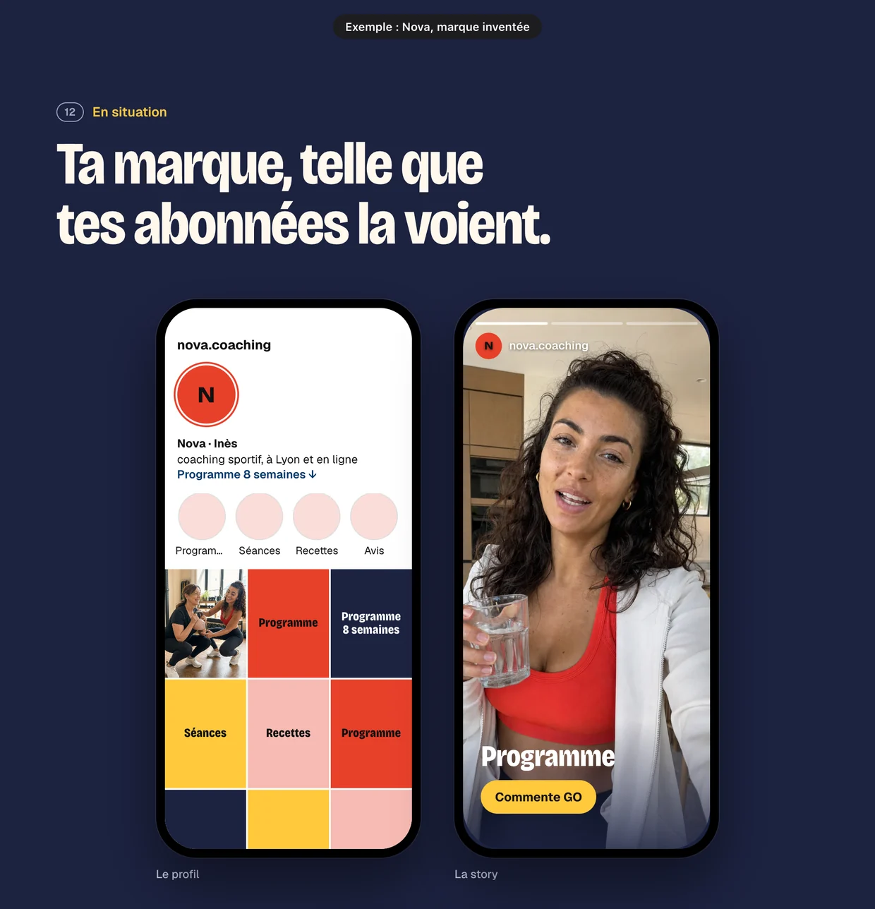 La partie En situation de la planche de Nova : un profil Instagram et une story dans deux téléphones
