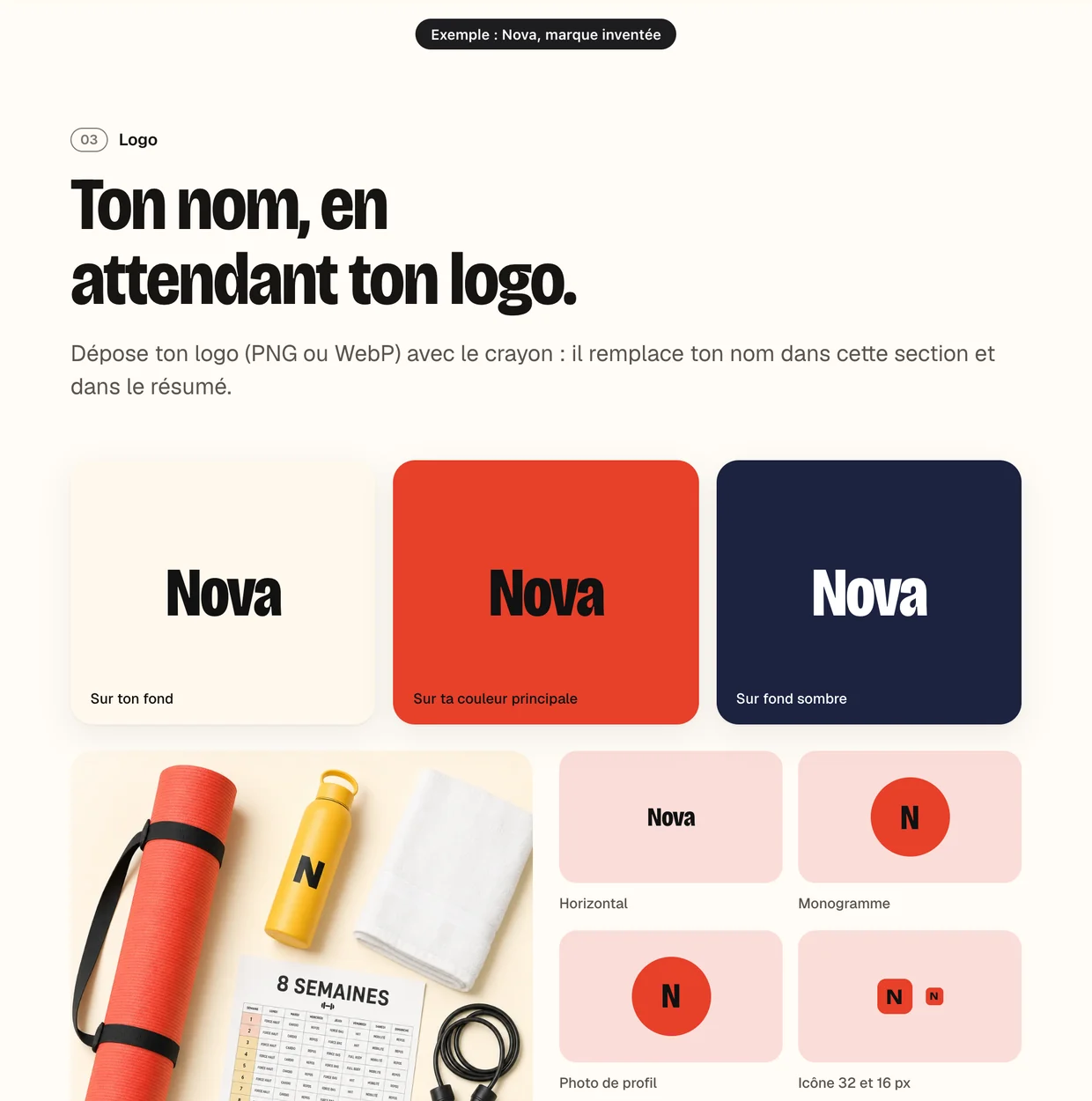 La partie Logo de la planche de Nova : le nom sur trois fonds, puis les déclinaisons horizontal, monogramme, photo de profil et icône