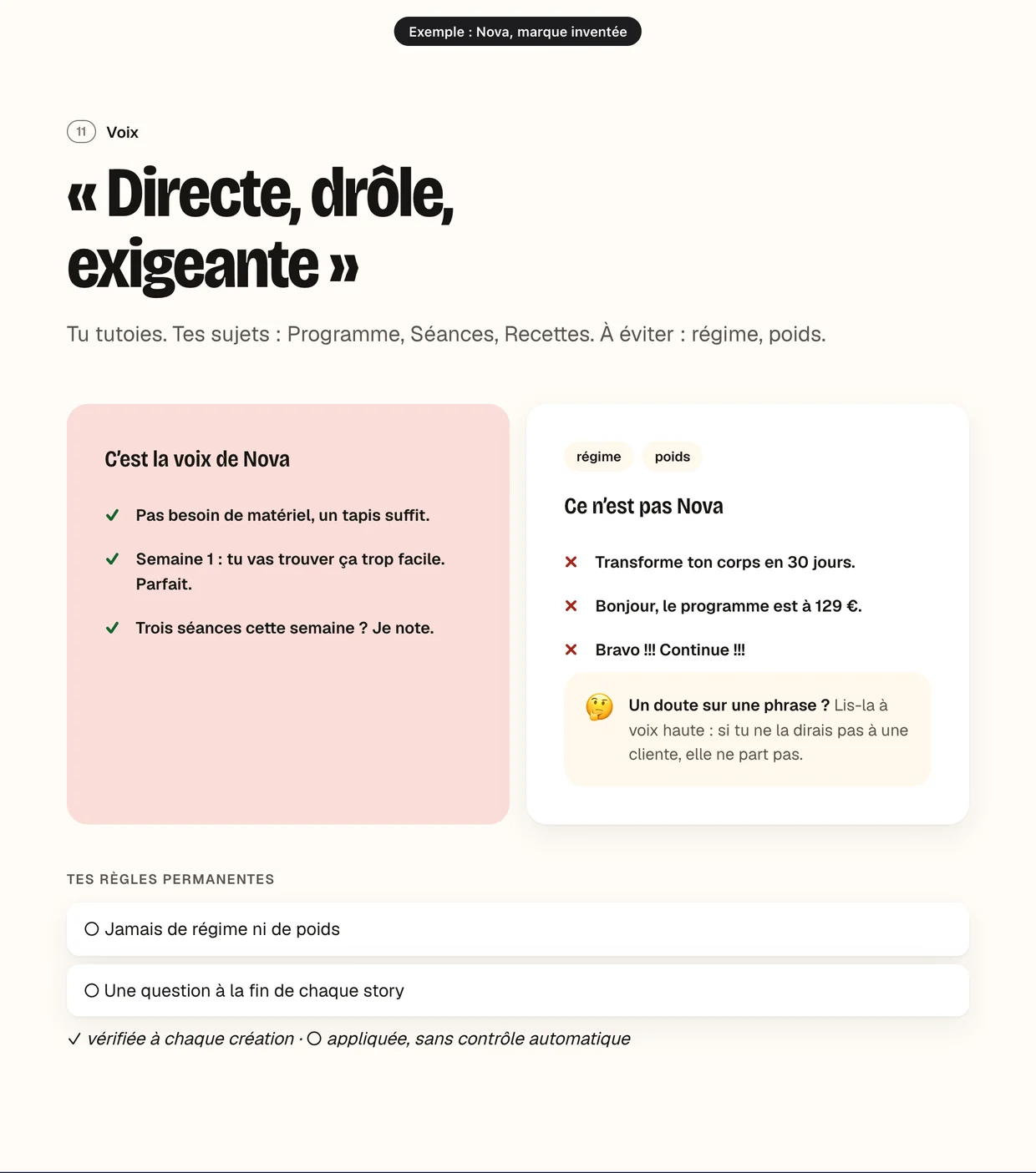 La partie Voix de la planche de Nova : « Directe, drôle, exigeante », trois phrases qui sont sa voix, trois qui ne le sont pas, et deux règles permanentes