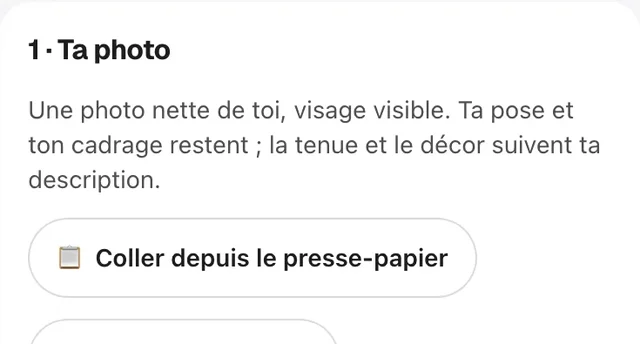 La carte «&nbsp;1 · Ta photo&nbsp;» du Studio&nbsp;: une photo nette de toi, visage visible, et le bouton «&nbsp;Coller depuis le presse-papier&nbsp;»