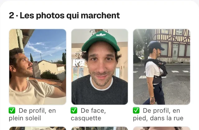 La carte «&nbsp;2 · Les photos qui marchent&nbsp;»&nbsp;: des exemples de profil, de face et en pied, cochés en vert