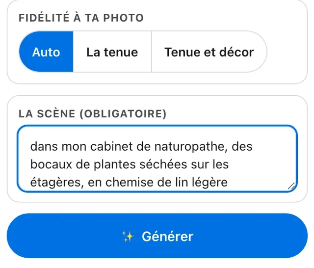La carte «&nbsp;3 · Générer&nbsp;»&nbsp;: la fidélité à ta photo (Auto, La tenue, Tenue et décor), la scène écrite et le bouton Générer