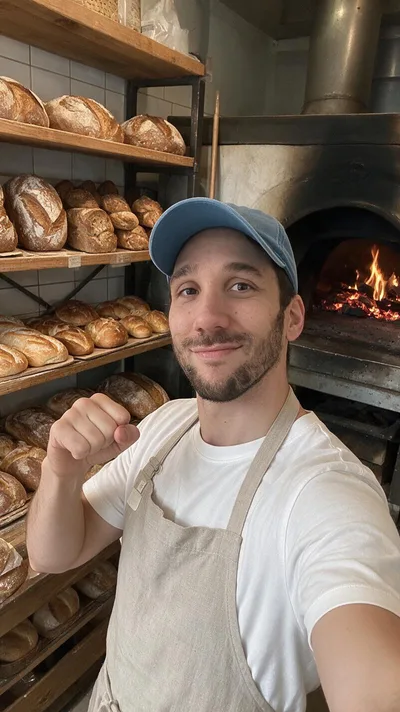 La retouche : le même selfie dans un fournil, tablier de lin sur un t-shirt blanc, pains et four à bois derrière
