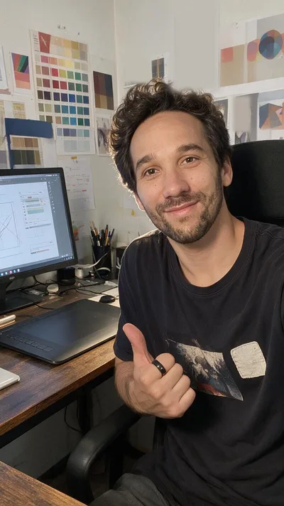 La retouche : la même pose à un bureau de graphiste, nuanciers au mur, tablette graphique